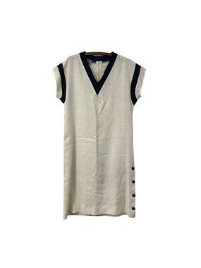 VTG Edith Flagg Ivory Navy Nautical Short Sleeve V Neck Midi Dress Size 14